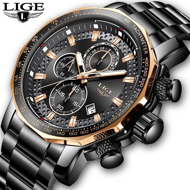 LIGE Watches Men Luxury Chronograph Stainless Steel Large Dial Quartz Men Watch Casual Sport  Watch gold/black