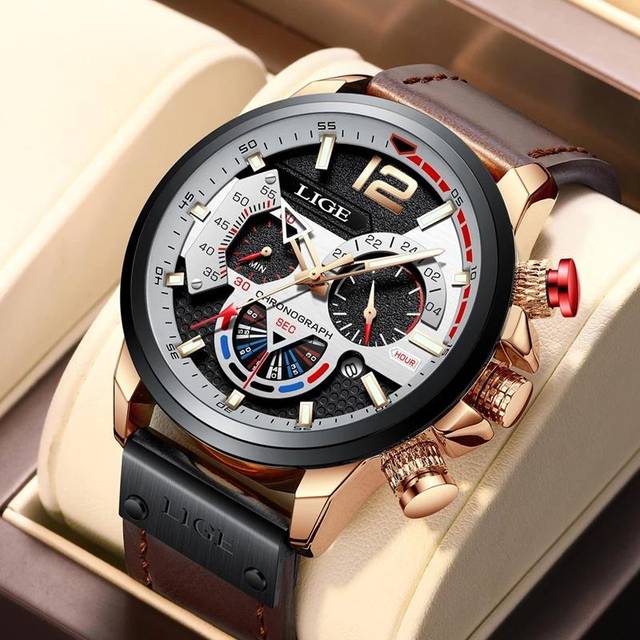 LIGE 2022 New Fashion Mens Leather Quartz Watch For Men Top Brand Luxury Wristwatch Waterproof Sport Clock+Box white/gold