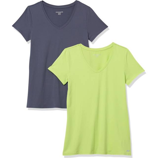 Amazon Essentials Women's Tech Stretch Short-Sleeve V-Neck T-Shirt (Available in Plus Size)  Pack of 2  Lime Green/Slate Grey  X-Small
