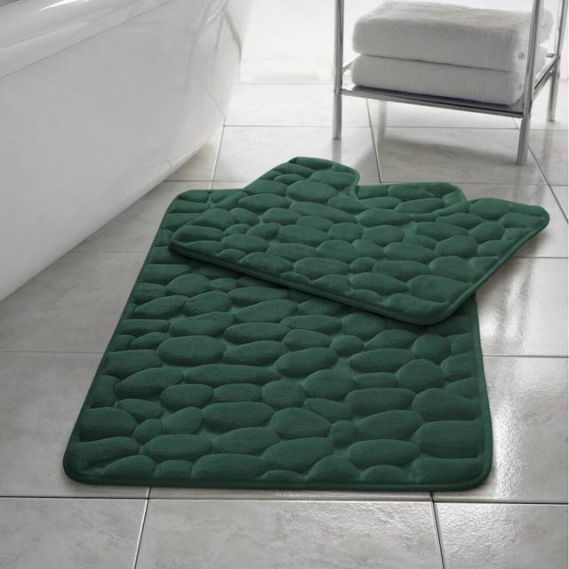(Dark Green) Memory Foam Bath Mat Non- Slip / Toilet Mat Set Pebbles
