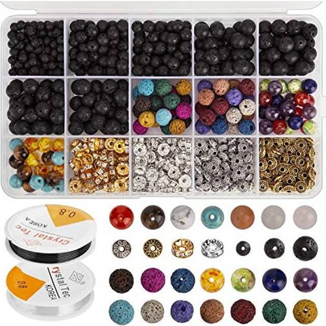 606 Pcs Lava Beads Kit Lava Stone Beads Assorted Colored Chakra Beads Spacer Beads with 2 Roll Elastic Stretch Strings and 2 Bead Needles for Adult
