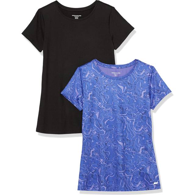 Amazon Essentials Womens Tech Stretch Short-Sleeve crewneck T-Shirt (Available in Plus Size)  Pack of 2  BlackBlue Marble  X-Small