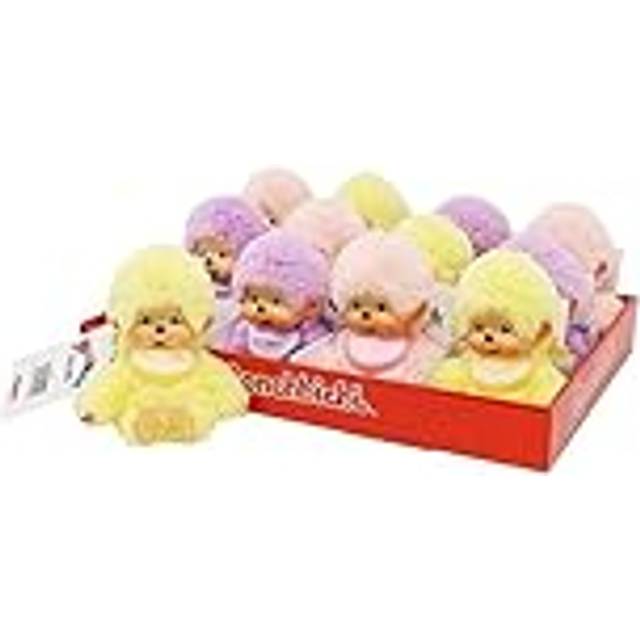 Sekiguchi 201495 – Original Monchhichi, mjuk leksak sorterad i gul, lila och rosa, ca 15 cm stort gosedjur av mjuk plysch