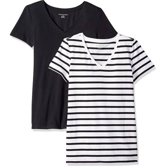 Amazon Essentials Women's Classic-Fit Short-Sleeve V-Neck T-Shirt  Pack of 2  White/Black  Stripe  X-Small