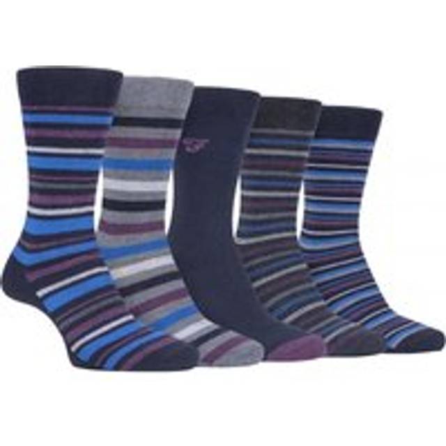 (6-11 UK, Navy Purple (Striped)) FARAH - 5 Pack Mens Classic Patterned Office Cotton Dress Socks