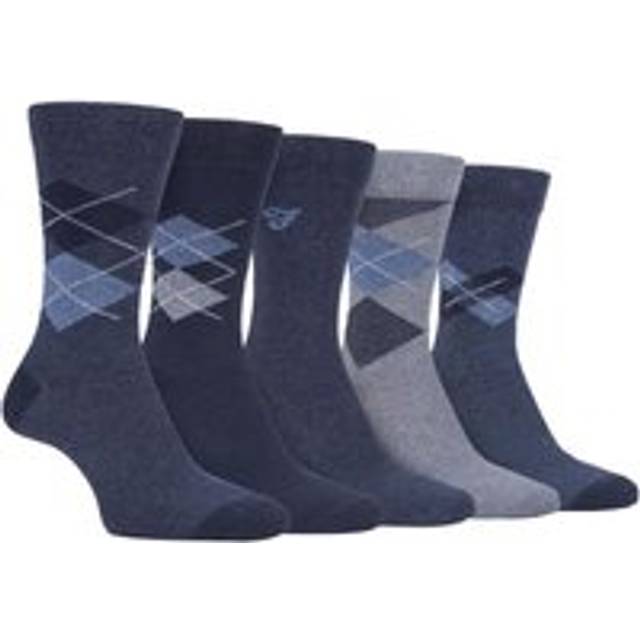 (6-11 UK, Denim Blue (Argyle)) FARAH - 5 Pack Mens Classic Patterned Office Cotton Dress Socks