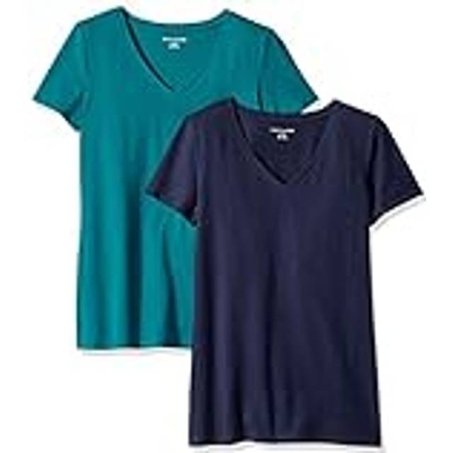Amazon Essentials Women's Classic-Fit Short-Sleeve V-Neck T-Shirt  Pack of 2  Dark Green/Navy  X-Small