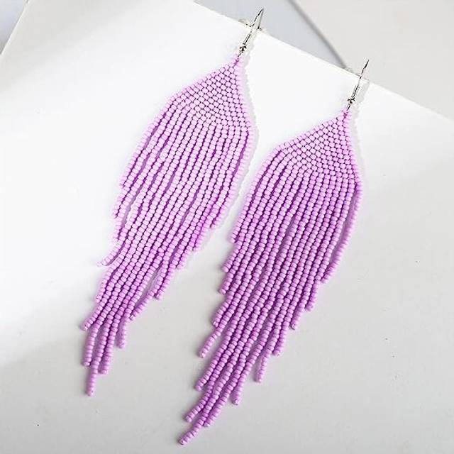 Bohemian Large Handmade Beaded Tassel Statement Chandelier Dangle Earrings, Boho Big Mexican Tribal Seed Bead Fringe Drop Earrings for Women - Purple