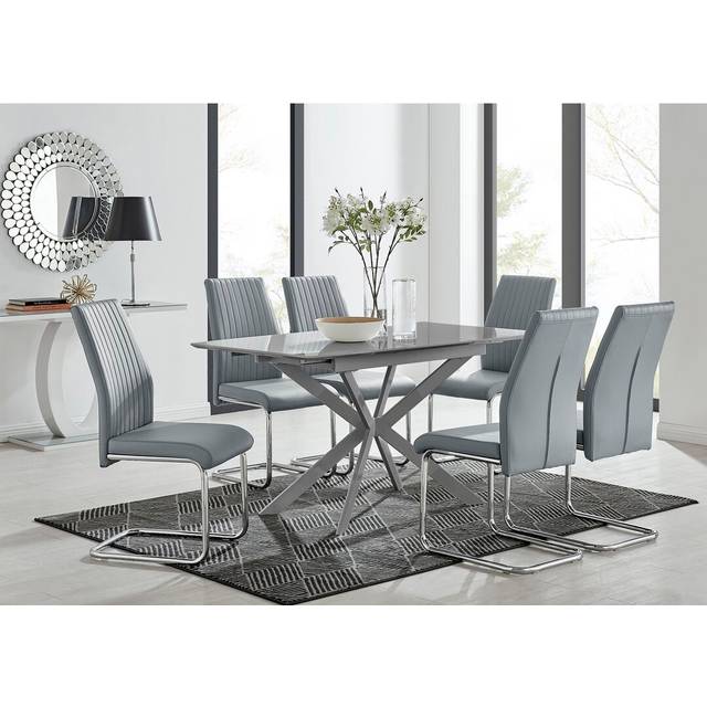 Eubanks Modern High Gloss Extendable Dining Table Set with x6 Luxury Faux Leather Dining Chairs - Grey (76cm H x 120cm L x 80cm W)