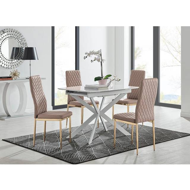 Eubanks Modern High Gloss Extendable Dining Table Set with x4 Luxury Faux Leather Dining Chairs - Gold (4)