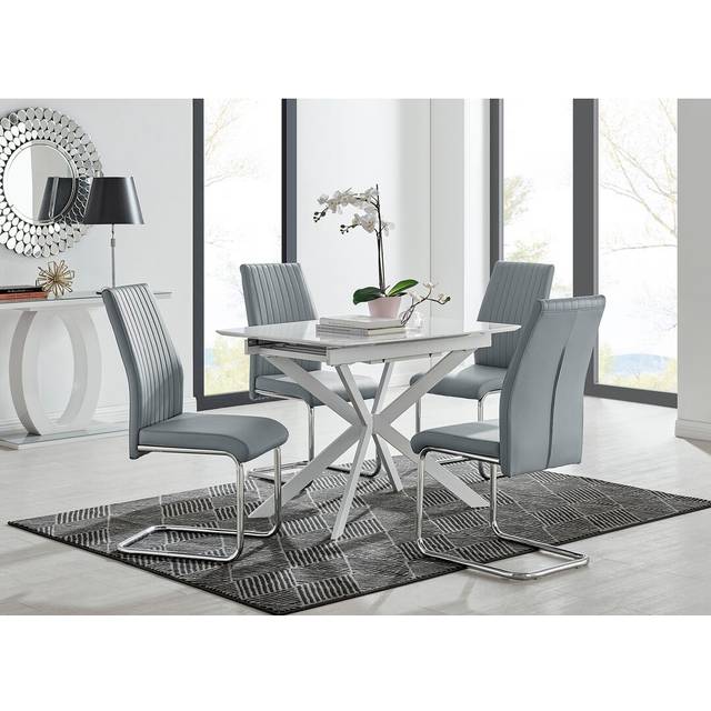 Eubanks Modern High Gloss Extendable Dining Table Set with x4 Luxury Faux Leather Dining Chairs - Grey (4)