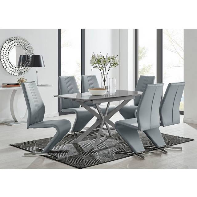 Eubanks Modern High Gloss Extendable Dining Table Set with x6 Luxury Faux Leather Dining Chairs - Grey
