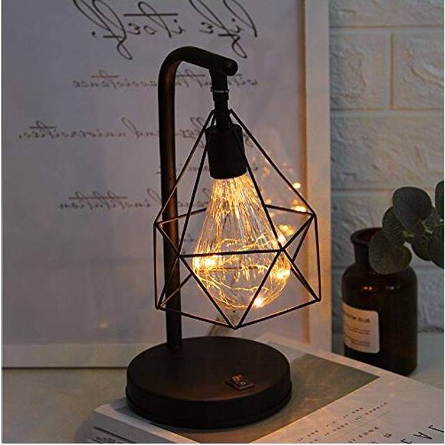 Vintage Table Lamp, Retro Cage Nightstand Lamp Battery Operated, Geometric Wire Industrial Bedside Desk Lamp, Suitable for Bedroom Living Room Coffee