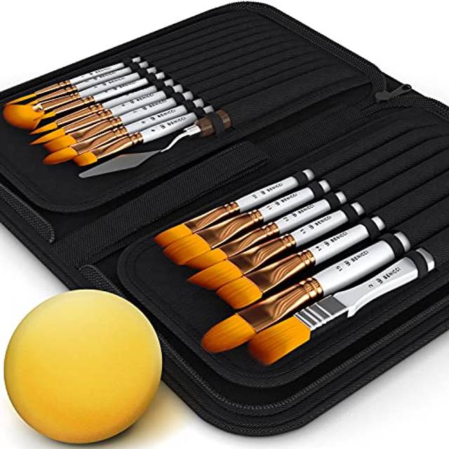 Paint Brush Set of 16 - 15 Different Shapes + 1 Flat Brush - with Pallete Knife and Sponge - Nylon Hair and Ergonomic Non Slip Matte Silver Handles -