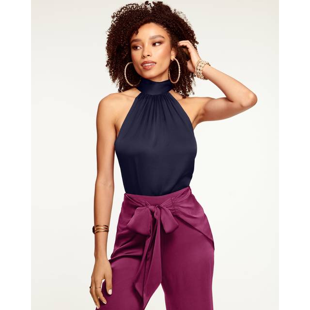 Lori Silk High Neck Tank Top in Navy - NAVY - XS