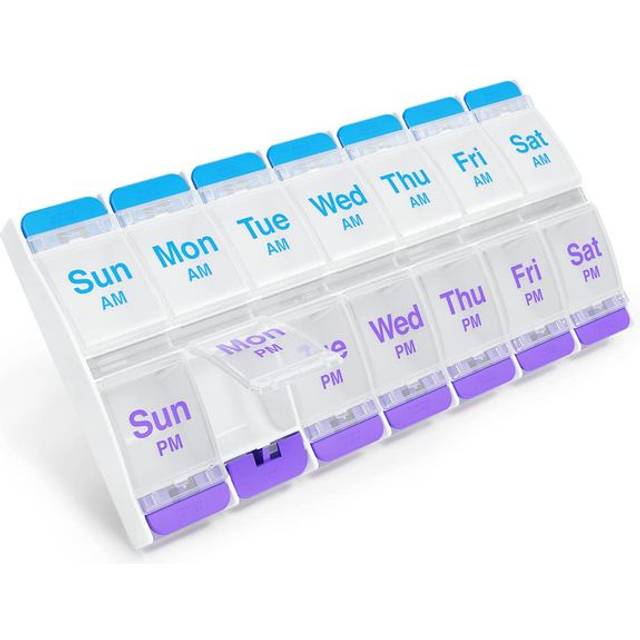 Pill Box, 7 Day Pill Organiser with Daily 2 Times a Day Compartments, Easy Open Dispensers with Push Buttons