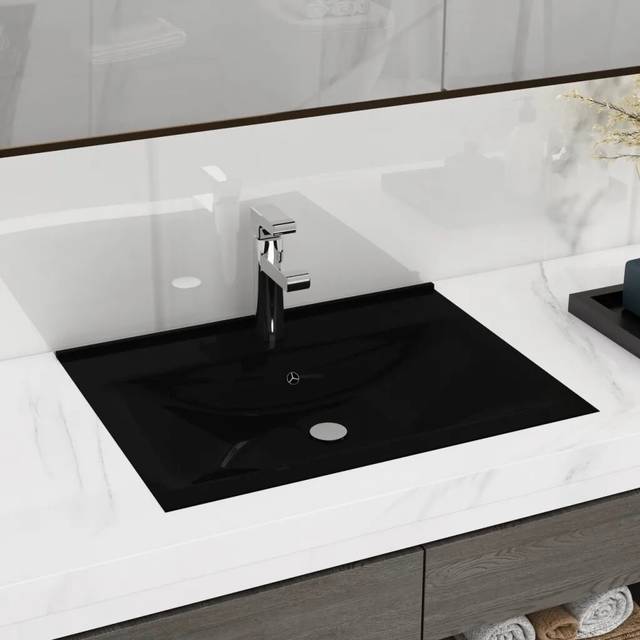 Bralon Black Ceramic Rectangular Countertop Basin Bathroom Sink with Overflow (6,000mm L X 4,600mm W X 63mm H)