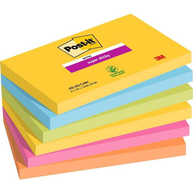 Post-it Carnival Super Sticky Notes 127 x 76 mm Assorted Colours Rectangular 6 Pads of 90 Sheets