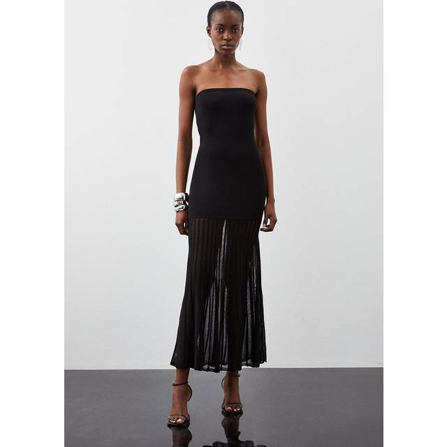 Viscose Blend Sheer Knit Bandeau Pleated Skirt Maxi Dress - Black