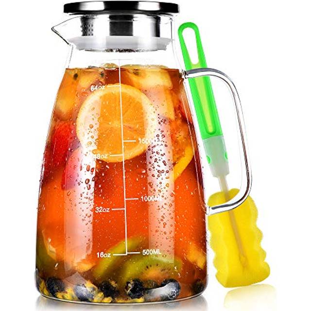 Water Jug, 2 L Glass Jug with Lid and Precise Scale Line, Stainless Steel Iced Tea Pitcher, Easy Clean Heat Resistant Borosilicate Milk Jug for Juice,