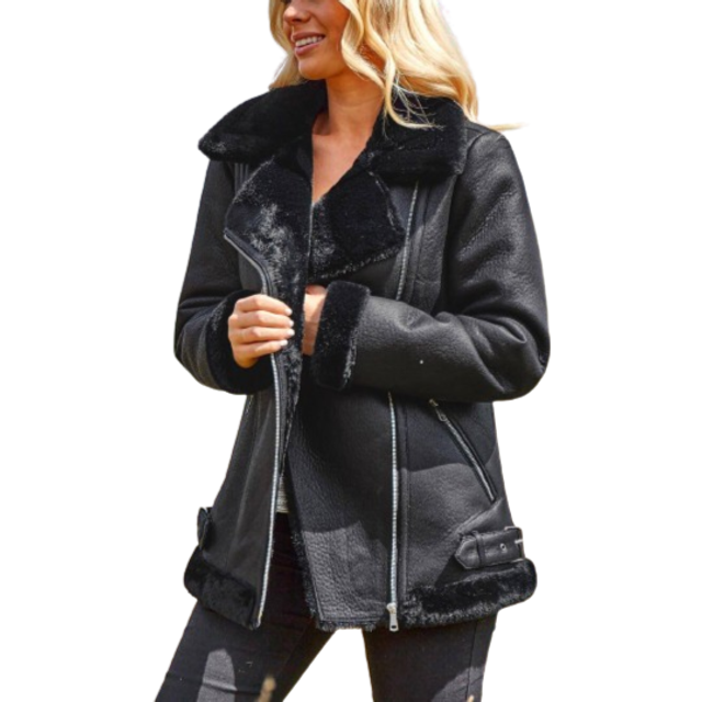 Faux Fur Lined Zip Detail Aviator Jacket - Black - Size 10 - Roman