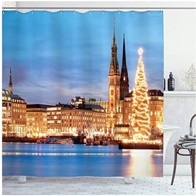 Winter Shower Curtain, Hamburg Germany Old Town Hall with Christmas Tree Historical Architecture, Cloth Fabric Bathroom Decor Set with Hooks, 70
