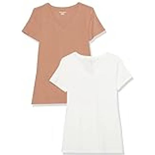 Amazon Essentials Women's Classic-Fit Short-Sleeve V-Neck T-Shirt  Pack of 2  Light Brown/White  X-Small