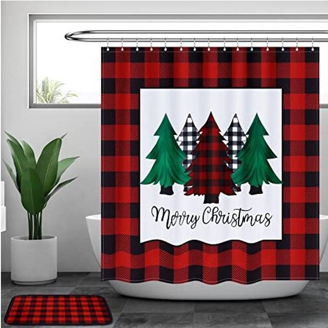 Christmas Shower Curtain 72 x 72 Inch Buffalo Check Plaid Shower Curtain 16 x 24 Inch Check Door Mat Buffalo Plaid Rug and 12 Pieces Plastic Shower