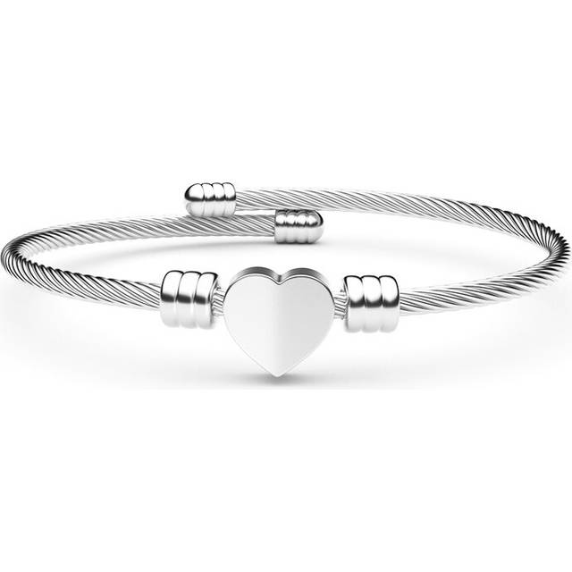 Stainless Steel Cable Wire Heart Charm Bangle Bracelet Punk Adjustable Wrist Bracelet Jewelry - Silver