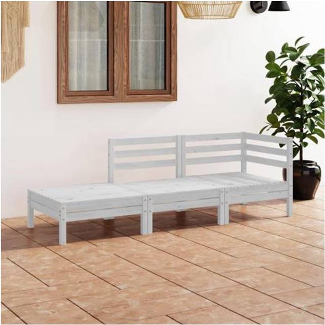 vidaXL Solid Pinewood Garden Lounge Set 3 Piece White Outdoor Seating Sofa