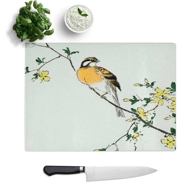 Glass Meadow Bunting Bird & Yellow Flowers by Numata Kashu Chopping Board (28.5 cm W x 20 cm L)