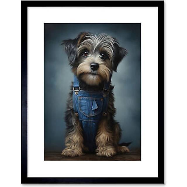 Wall Art Print Adorable Snorkie Dog in Blue Jean Dungarees Realistic Artwork Fun Pet Portrait Artwork Framed 9X7 Inch - Black - W7 inch x H9 inch
