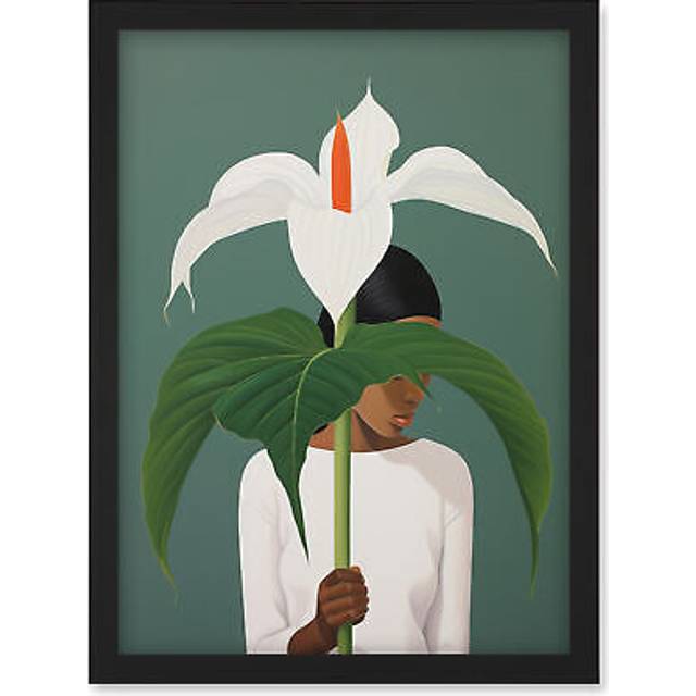 Wall Art Print Giant Peace Lily Showcase Realistic Oil Painting White Teal Green Woman with Flower Minimalist Artwork Framed A4 - Black - A4