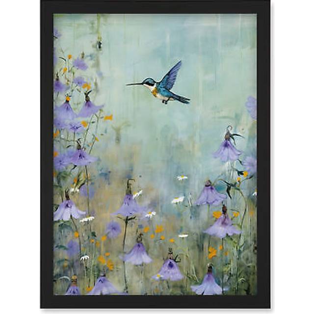 Wall Art Print Bluebell Hummingbird Pastel Painting Nectar Flowers Field Oil Painting Colour Artwork Framed A4 - Black - A4