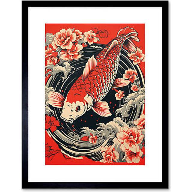 Wall Art Print Koi Fish Carp Japan Whirlpool Red Black Floral Artwork Coy Artwork Framed 9X7 Inch - W7 inch x H9 inch