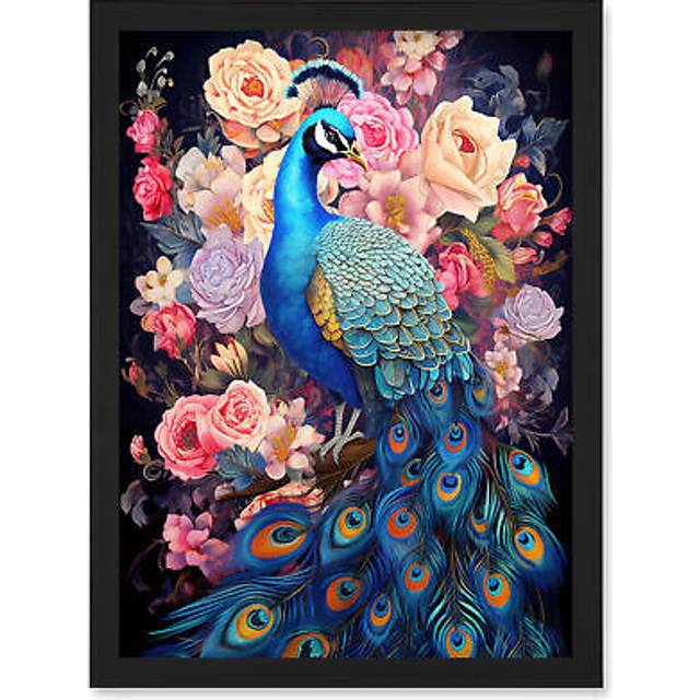Wall Art Print Elegant Peacock Bird with Rose Flower Blooms Vibrant Floral Blue Pink Orange Artwork Framed A4 - Black - A4