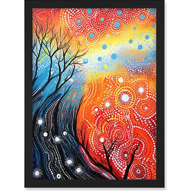 Wall Art Print Contemporary Aboriginal Artwork in Blue and Orange Vibrant Abstract Forest Trees and Stars Artwork Framed A4 - Black - A4