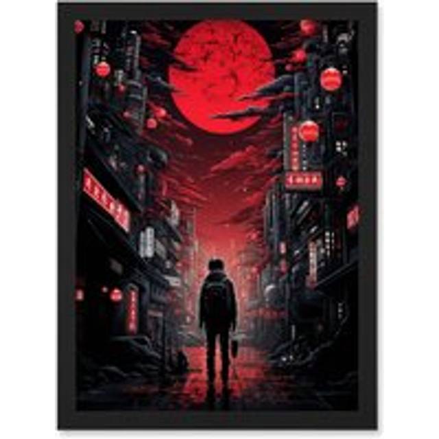 Wall Art Print Midnight Blood Moon in Tokyo Conceptual Artwork Gothic Street Japan Cityscape Artwork Framed A4 - Black - A4
