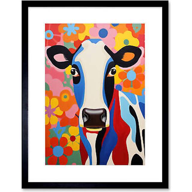 Wall Art Print Colourful Cow Bright Bold Floral Portrait Acrylic Painting Vibrant Folk Art Flower Artwork Friesian Kids Bedroom Artwork Framed 9X7 Inc - Black - W7 inch x H9 inch
