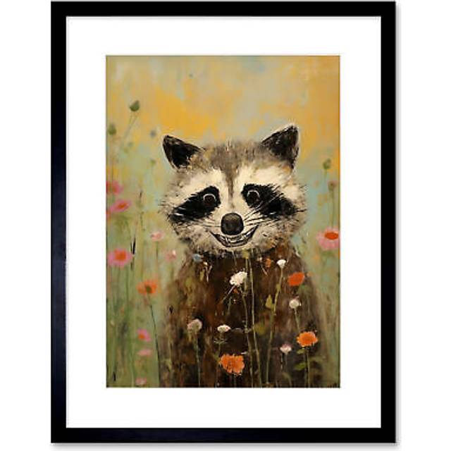 Wall Art Print Gleeful Raccoon Picking Flowers Oil Painting Red White Blooms Spring Meadow Landscape Kids Bedroom Artwork Framed 9X7 Inch - Black - W7 - W7 inch x H9 inch
