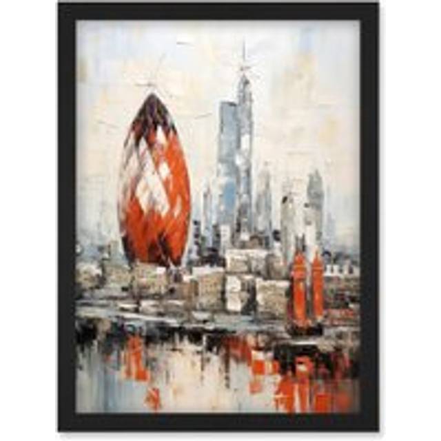 Wall Art Print London Skyline Abstract Oil Painting Thick Paint Red Gherkin Building River Thames England City Artwork Framed A4 - Black - A4