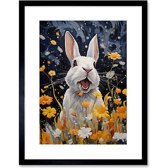 Wall Art Print Moonlit White Rabbit Oil Painting Playing with Yellow Spring Flowers Mischief at Night Kids Bedroom Artwork Framed 9X7 Inch - Black - W - W7 inch x H9 inch