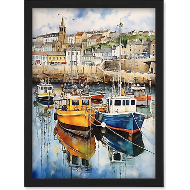 Wall Art Print Penzance Harbour Trawler Boats Promenade Watercolour Painting Cornwall Coastal Townscape Artwork Framed A4 - Black - A4