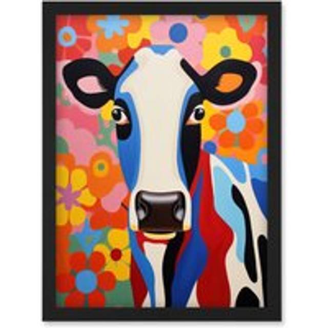Wall Art Print Colourful Cow Bright Bold Floral Portrait Acrylic Painting Vibrant Folk Art Flower Artwork Friesian Kids Bedroom Artwork Framed A4 - Bl - Black
