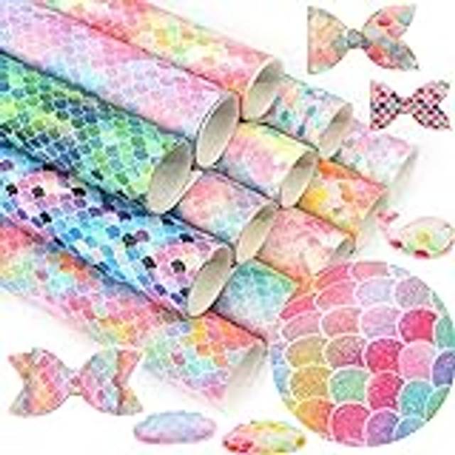 8 Sheets 8 x 12 Gradient Glitter Leather Fish Scale Printed Faux Leather Fabric Crafts for Bag Hair Bow Earrings Jewelry Making