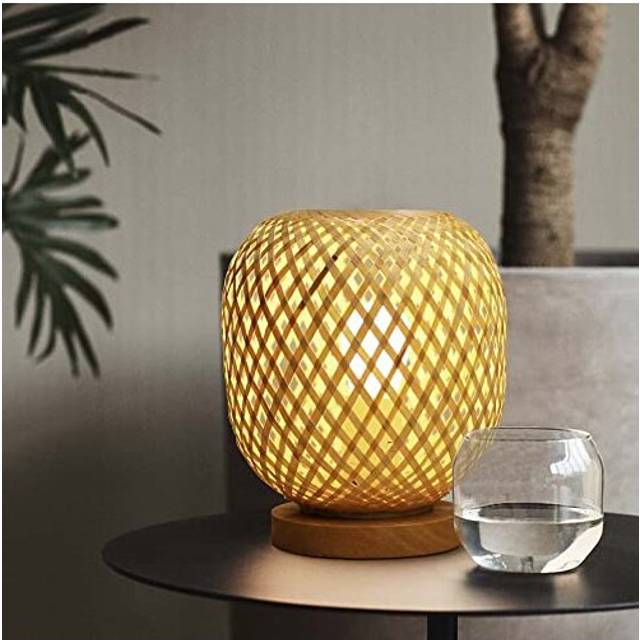 HUAMI Bamboo Lampshade Bedside Table Lamp Wooden Base Bedroom Lamp Handmade Decorative Night Light for Wedding Party Indoor Bedroom Dining Room