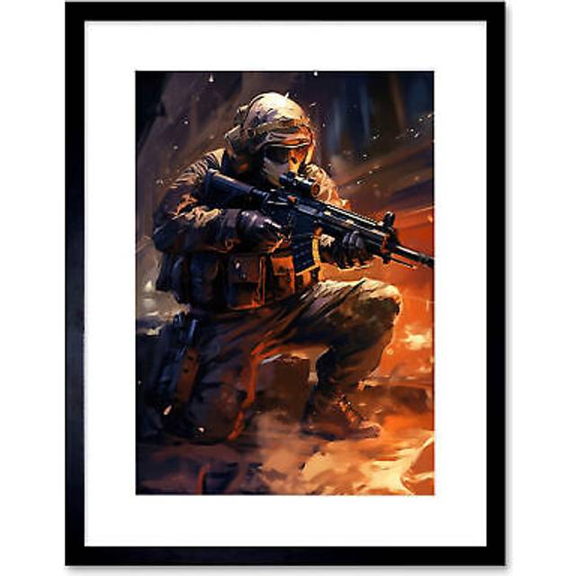 Wall Art Print Army Warfare Desert Sniper Explosion Flames Oil Painting Soldier Action Scene Artwork Framed 9X7 Inch - Black - W7 inch x H9 inch