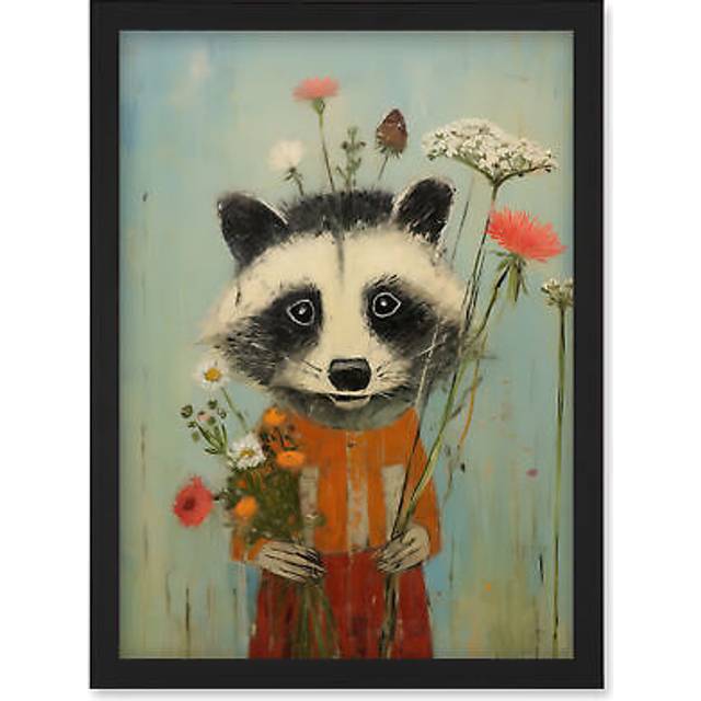 Wall Art Print Cute Racoon Picking Wildflowers for a Spring Bouquet Oil Painting Amber Orange Baby Blue Kids Bedroom Artwork Framed A4 - Black - A4