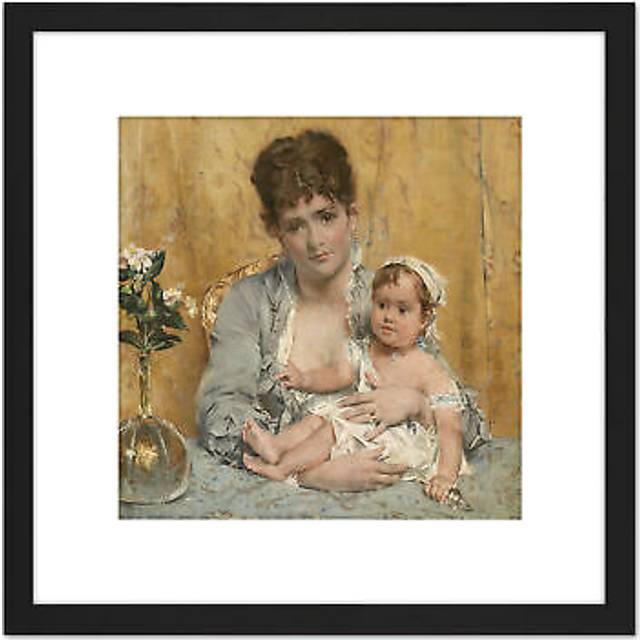 Alfred Stevens Mother And Child Painting 8X8 Inch Square Wooden Framed Wall Art Print Picture with Mount - Black - One Size