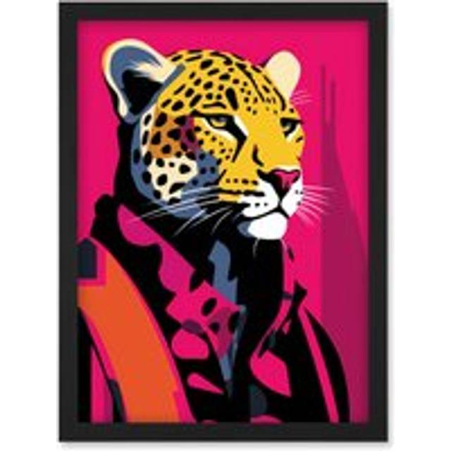 Wall Art Print Strong Leopard in Suit Bold Artwork Orange Pop Art Hot Pink Vibrant Portrait Artwork Framed A4 - Black - A4